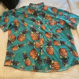 NWOT Fun Teal Pineapple Button Front Casual Short Sleeve Shirt 3XL